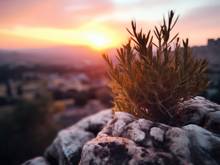 Plant on a Rocky Outcrop at Sunsetの素材