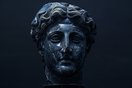 Ancient marble sculpture of a serene face against a dark backgroundの素材