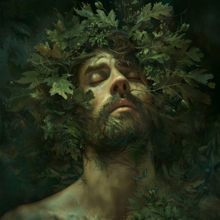 Man with nature-inspired body art in a mystical forest settingの素材