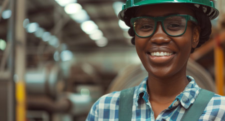 Confident female engineer smiling in industrial settingの素材