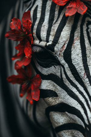 Close-up of a Zebra with Red Flowersの素材