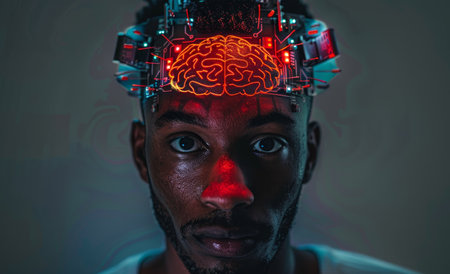 Futuristic Portrait of a Man with a Glowing Brain Interfaceの素材
