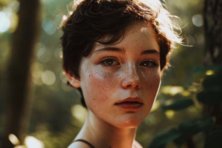 Portrait of a young boy with freckles in a sunlit forestの素材