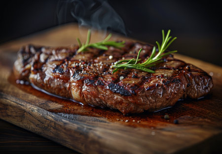 Juicy grilled steak with fresh rosemary on wooden boardの素材