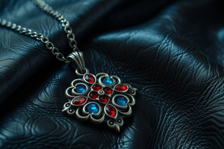 Elegant gemstone pendant on a textured leather backgroundの素材