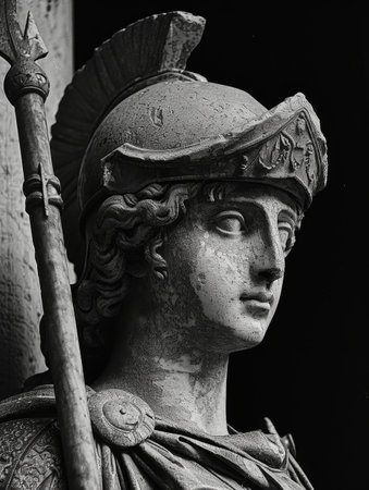 Close-up of a classical statue with a helmet and spearの素材