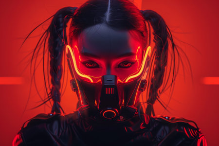 Futuristic female cyborg with glowing red lights in a dark settingの素材