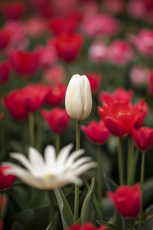 Unique white tulip standing tall among red tulipsの素材