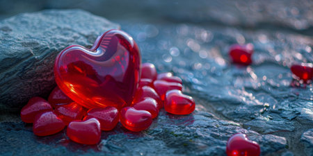 Heart-shaped ornaments on a textured surfaceの素材