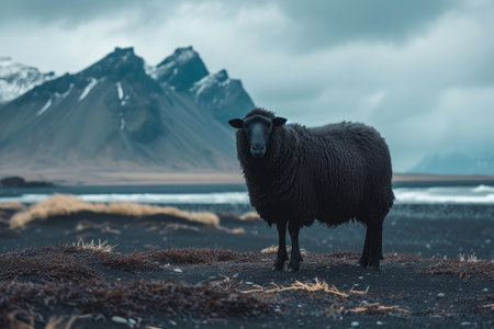 Black sheep standing in a dramatic mountain landscapeの素材