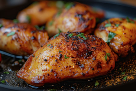Delicious grilled chicken breasts seasoned with herbs on a plateの素材