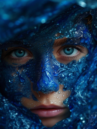 Mysterious woman with blue veil and water dropletsの素材