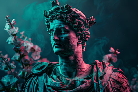 Artistic depiction of a classical statue with vibrant neon lightingの素材