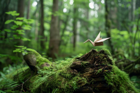 Paper crane on a mossy log in a lush forestの素材
