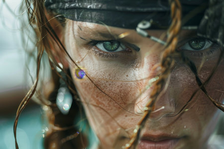 Intense gaze of a young woman with wet hair and striking eyesの素材