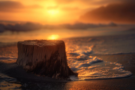 Sunset over the ocean with a tree stump on the beachの素材