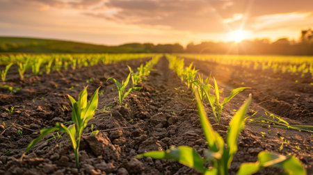 Sunset over a sprouting cornfieldの素材