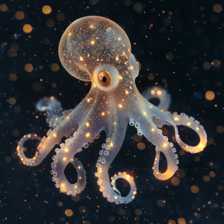 Glowing Octopus Floating in a Starry Underwater Sceneの素材