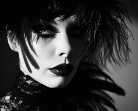 Dramatic black and white portrait of a woman with feathered accessoriesの素材