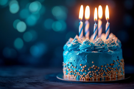 Blue birthday cake with lit candles on a festive backgroundの素材
