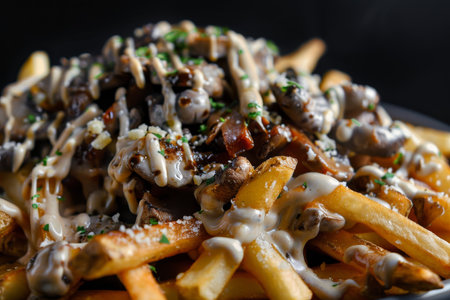Delicious poutine with mushrooms and cheese sauceの素材