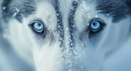 Intense blue eyes of a snow-covered huskyの素材