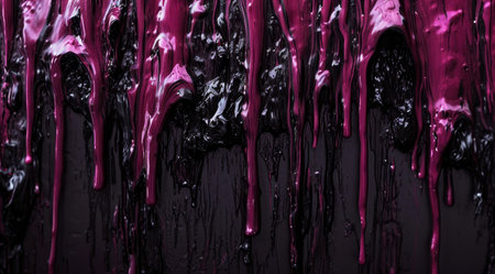 Vivid pink paint dripping on a black textured surfaceの素材