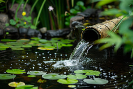 Tranquil garden pond with flowing bamboo water featureの素材