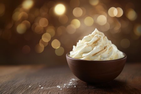 Creamy dessert topped with spices in a rustic bowl against a warm bokeh backgroundの素材