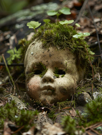 Moss-covered doll head in forestの素材