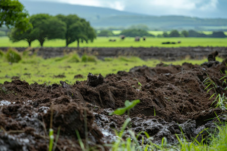 Freshly plowed farmland with grazing cattle in the backgroundの素材