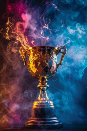 Golden trophy enveloped in colorful smoke on a dark backgroundの素材