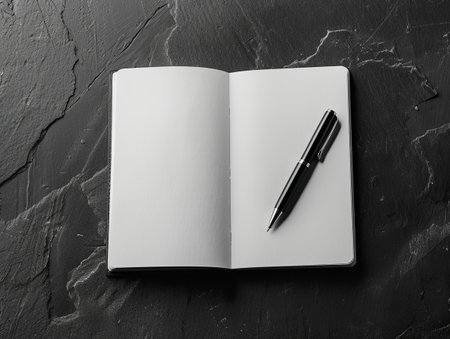 Open blank notebook with pen on a dark textured backgroundの素材