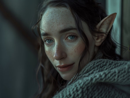 Mystical elf woman with captivating eyes in a cozy settingの素材