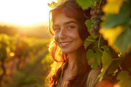 Young woman smiling in a vineyard at sunsetの素材