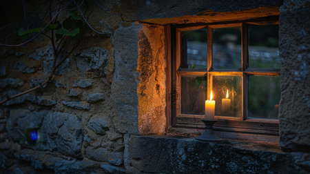 Candlelit window in a rustic stone wall at duskの素材