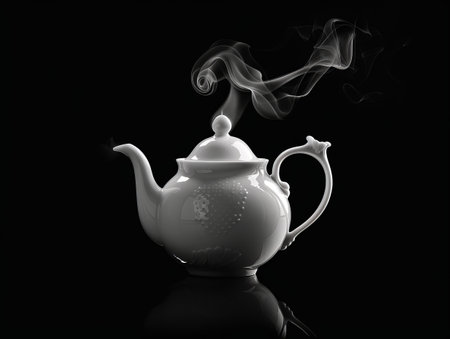 Elegant white teapot with rising steam on a dark backgroundの素材