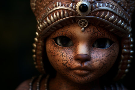 Close-up of a detailed fantasy doll with intricate headgearの素材