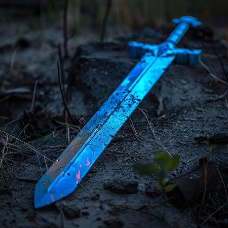 Mystical glowing sword embedded in the ground at twilightの素材
