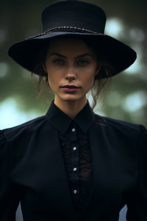 Elegant woman in a stylish black hat and blouseの素材