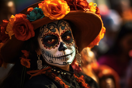 Woman in Day of the Dead Makeup and Floral Hatの素材