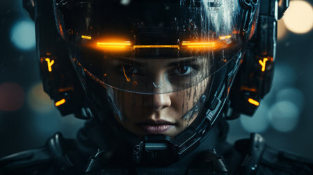 Futuristic female soldier in high-tech combat helmetの素材