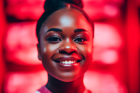 Portrait of a smiling young woman with a vibrant red backgroundの素材