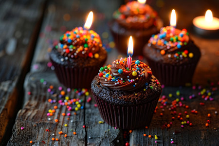 Celebratory Chocolate Cupcakes with Lit Candles and Colorful Sprinklesの素材
