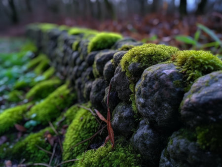 Moss-covered stones in a serene forest settingの素材