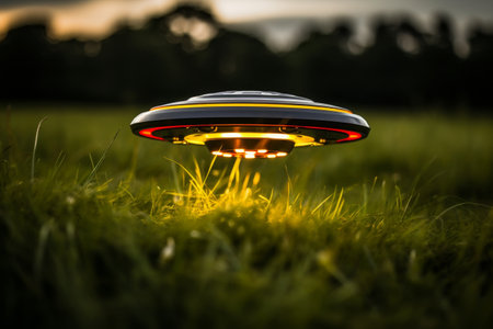 Illuminated drone flying low over grass field at duskの素材