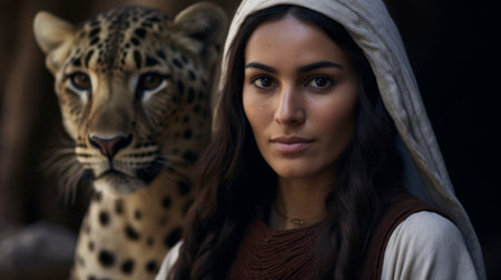 Woman with a leopard in a serene settingの素材