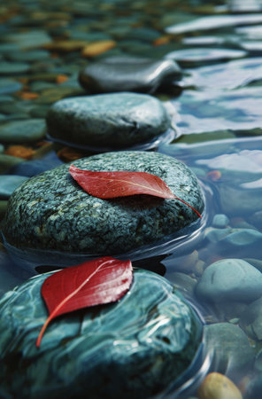 Tranquil scene with red leaves on smooth stones in waterの素材