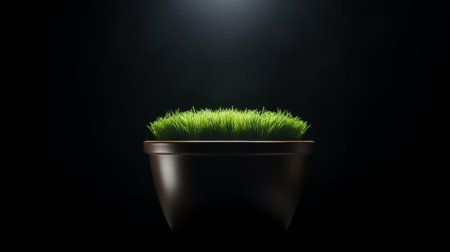 Fresh green grass growing in a modern pot against a dark backgroundの素材