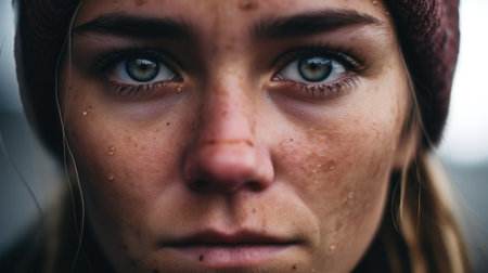 Close-up Portrait of a Young Woman with Freckles and Raindrops on Her Faceの素材